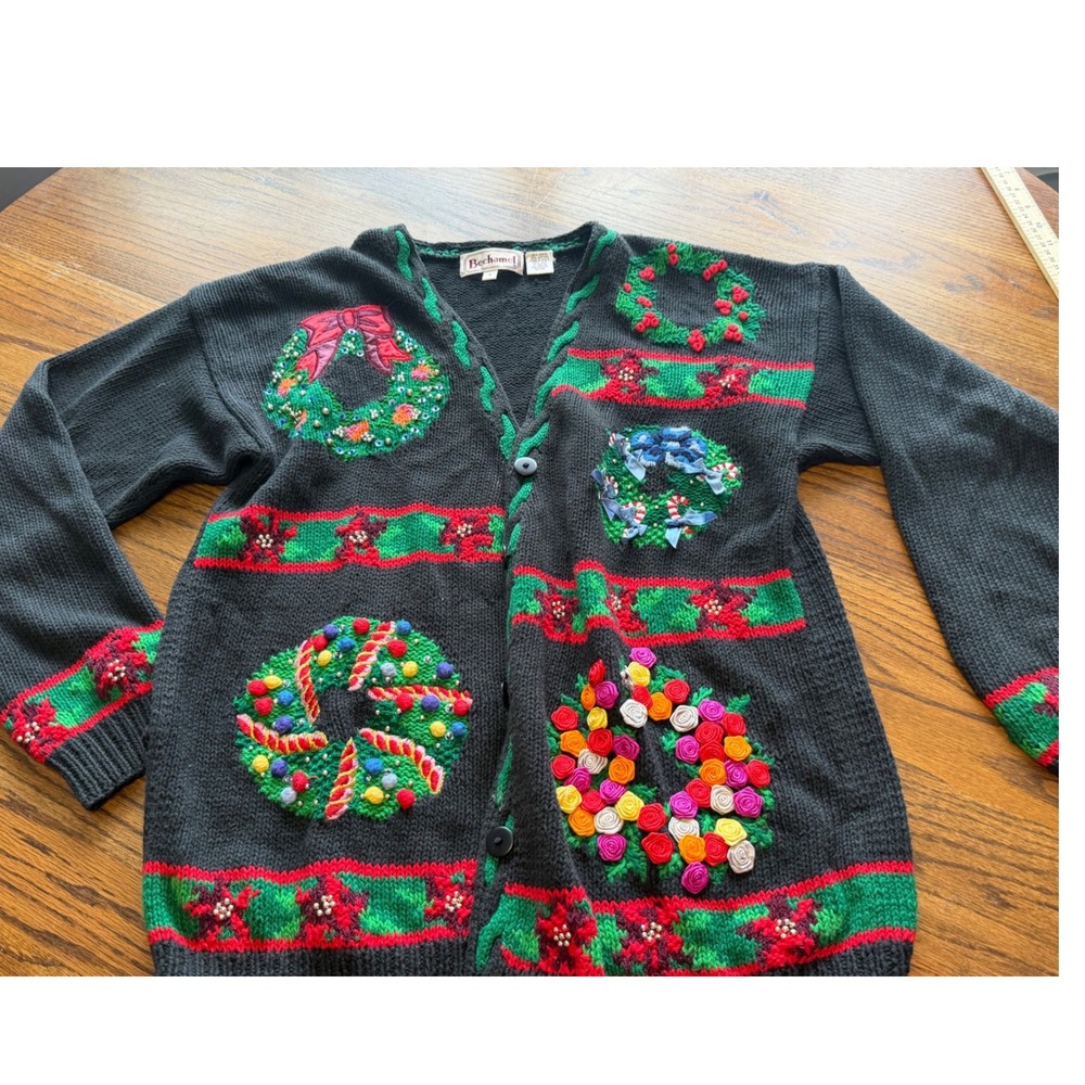 Bechamel‎ Vintage Christmas Wreath Cardigan Sweater Hand Knit Black Med Festive
